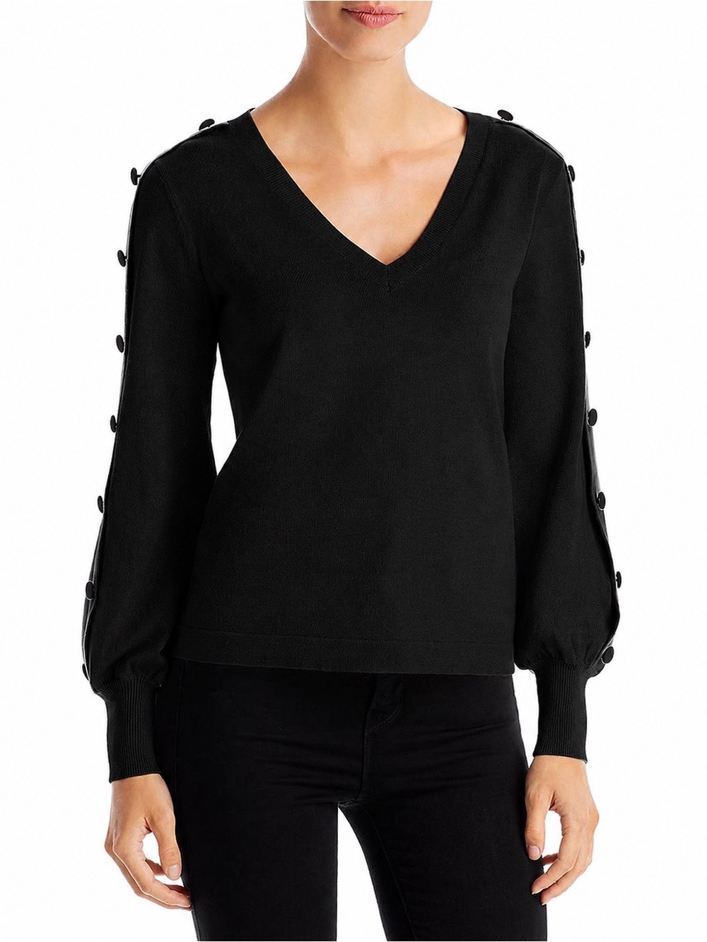 Karl Lagerfeld Black V-Neck Sweater with Button-Trim Sleeves